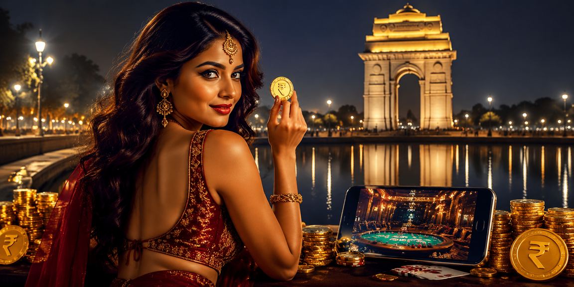 A modern mobile casino user with Indian Rupee coins by India Gate Delhi